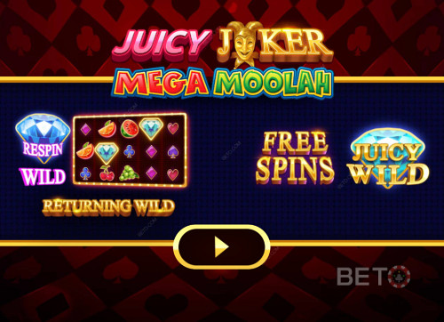 Juicy Joker Mega Moolah's Intro Screen Explaining Different Boosters