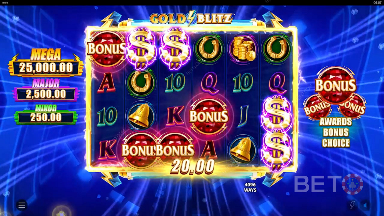 3 or more Scatters will give you the opportunity to trigger Free Spins or Gold Blitz bonus