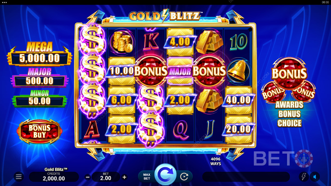 Cash prizes can be won in the base game in the Gold Blitz slot machine