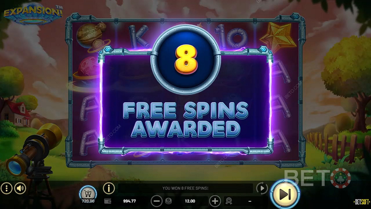 3 Scatters will award you 8 Free Spins