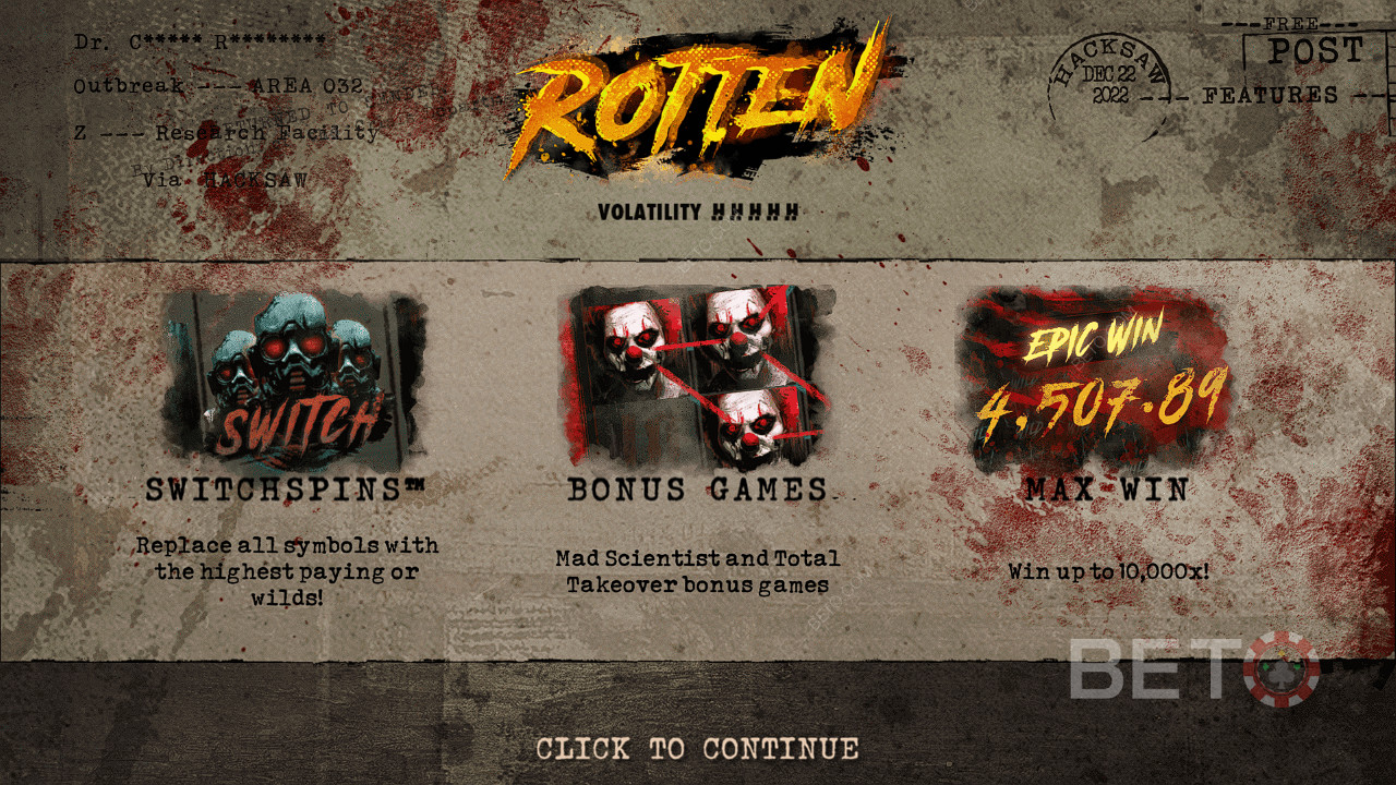 Enjoy SwitchSpins, Free Spins, and more in the Rotten slot by Hacksaw Gaming