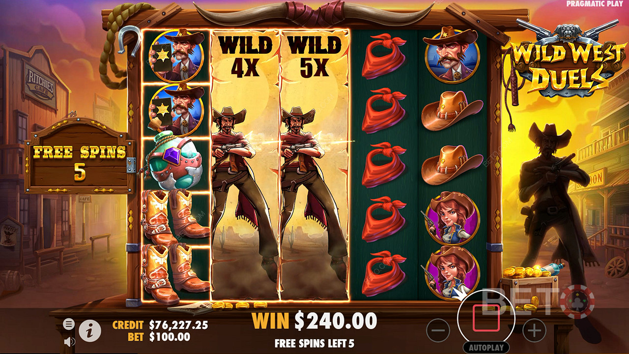 Expanding Wilds with Multipliers appear in Duel Free Spins in Wild West slot machine