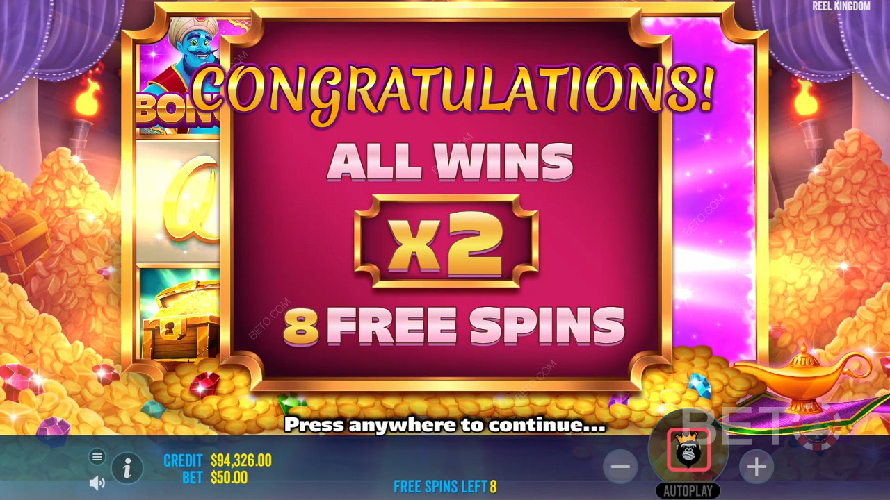 Win 8 Free Spins by landing 3 or more Scatter symbols