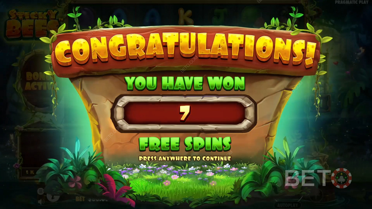 Win at least 7 Free Spins by landing 4 or more Scatters