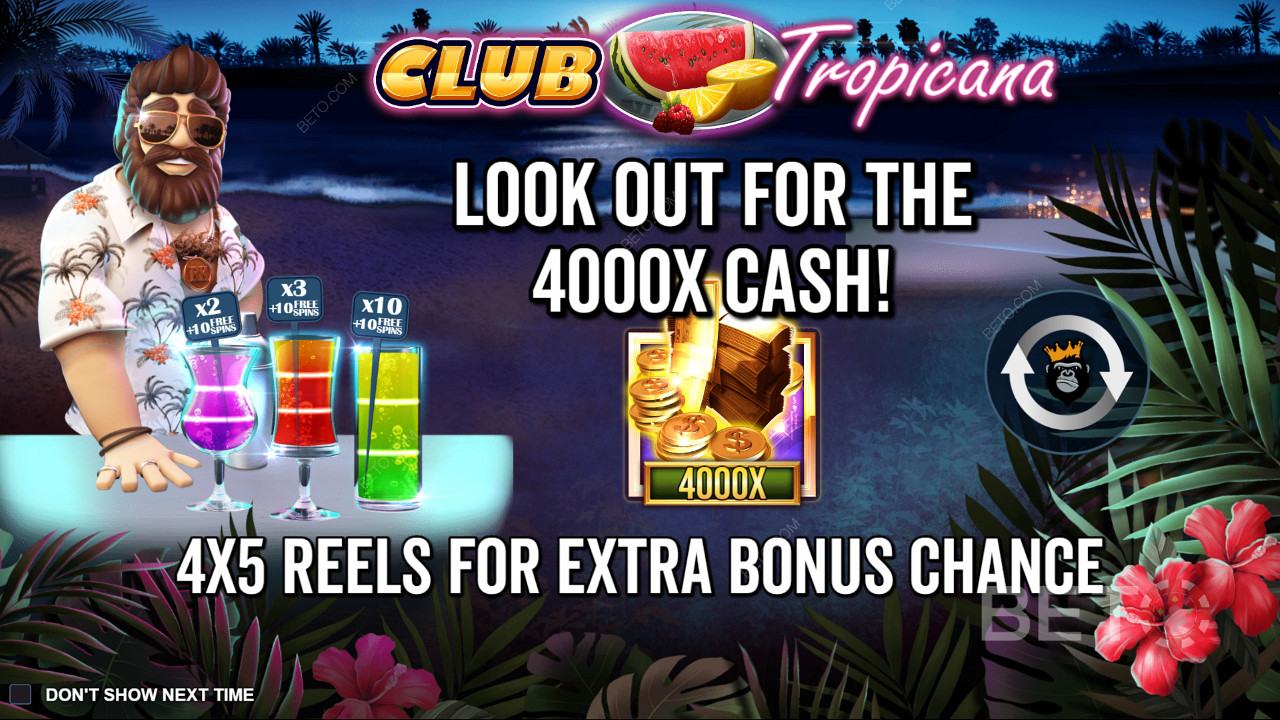 Enjoy bigger reels, exciting features, and a decent Max Win in the Club Tropicana slot