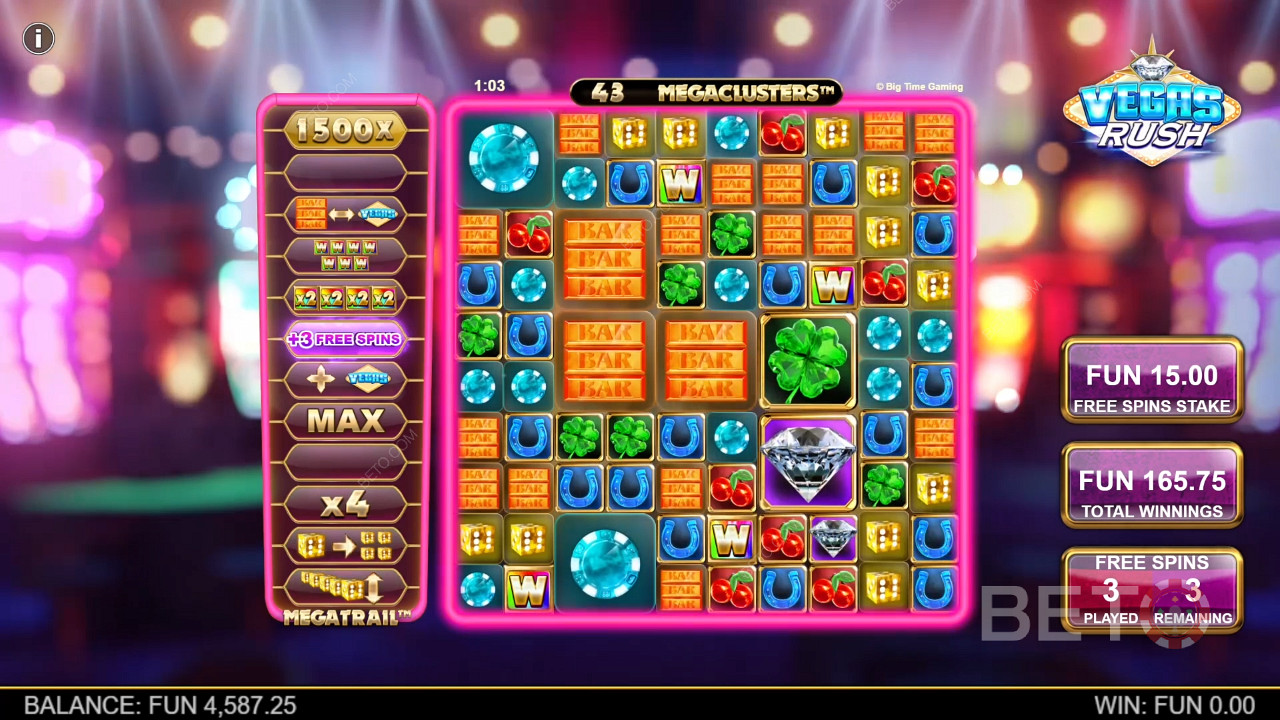 Free Spins offer an enhanced Megatrail in the Vegas Rush slot machine