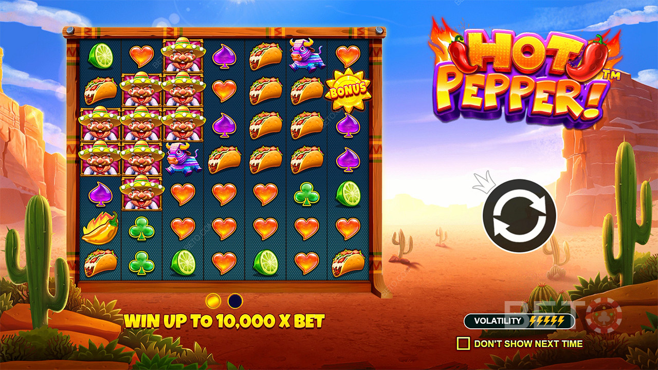 A Max Win of 10,000x of your bet is waiting for you in the Hot Pepper slot machine