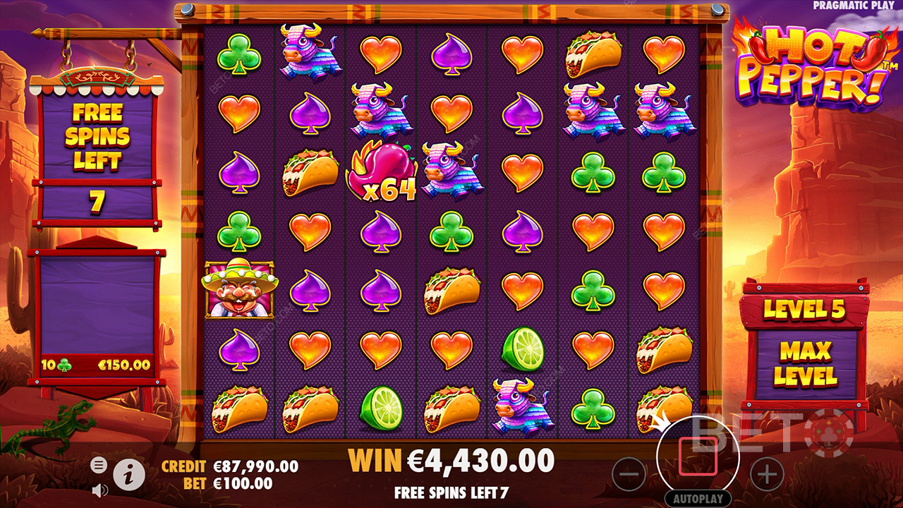 The Level 5 is active during the Free Spins so that you can land bigger Multipliers