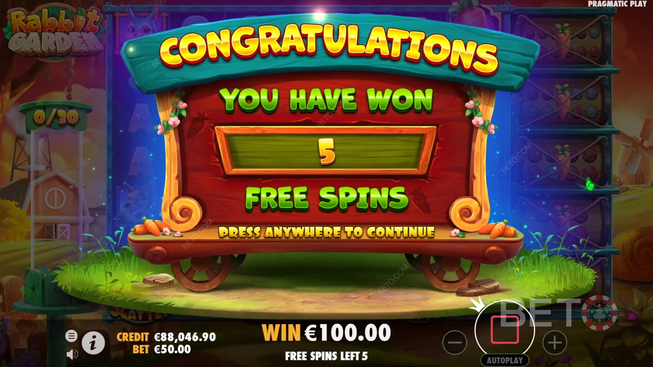 Win 5 Free Spins after landing at least 4 Scatters