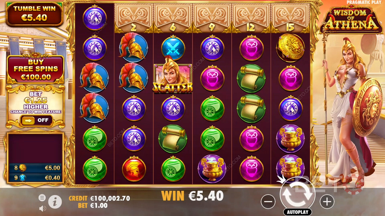 Buy Free Spins or use the Ante Bet feature in the Wisdom of Athena slot machine