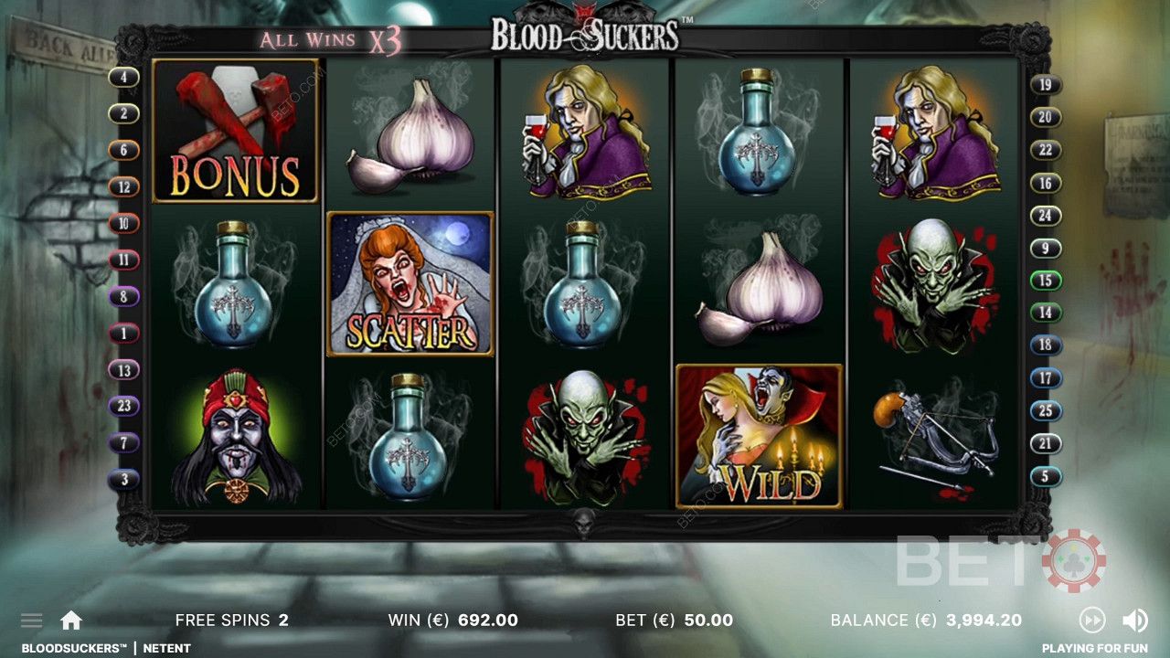 All wins are tripled in the Free Spins in Blood Suckers slot game