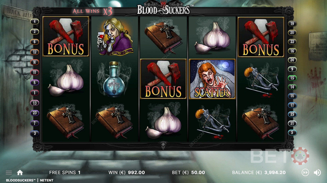 3 bonus symbols at the right positions trigger the Bonus Game in the Blood Suckers slot