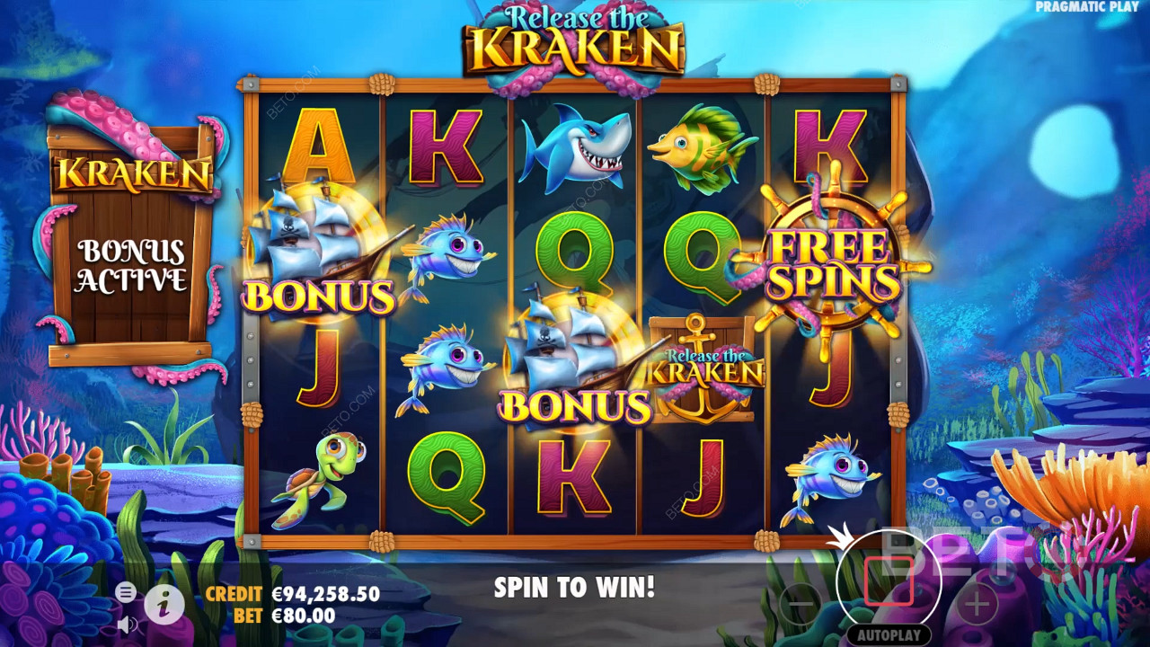 2 Scatters and 1 Free Spins symbol will trigger Free Spins in Release the Kraken slot
