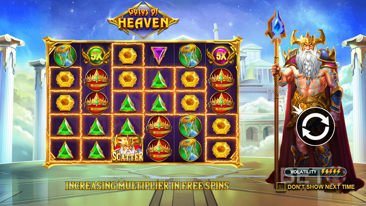 The Scatter Wins mechanic will deliver solid payouts in the Gates of Heaven slot game
