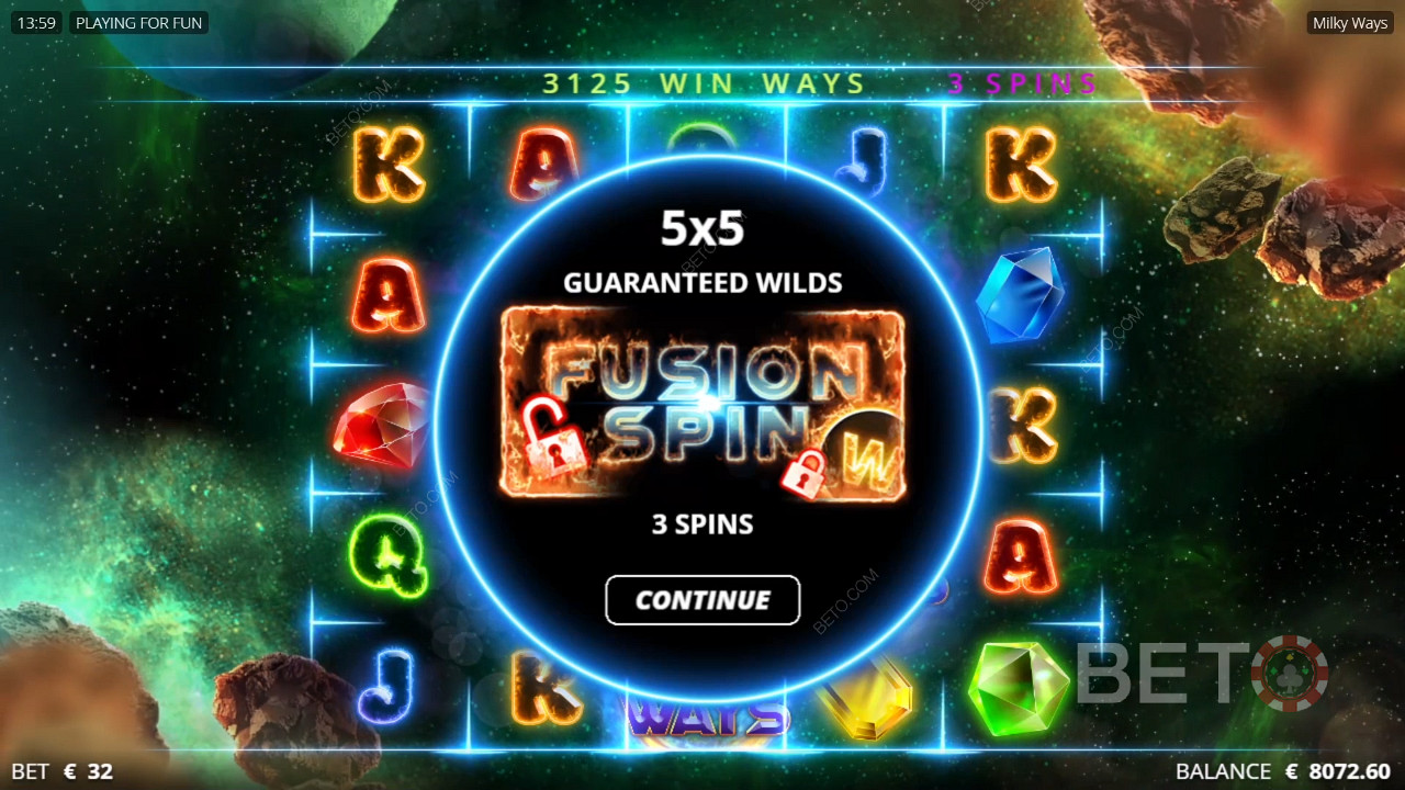Enjoy a bigger layout and guaranteed Wilds in the Free Spins in Milky Ways slot