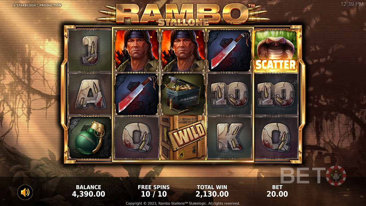 Enjoy amazing Bonus Features and an exceptional theme in the Rambo online slot