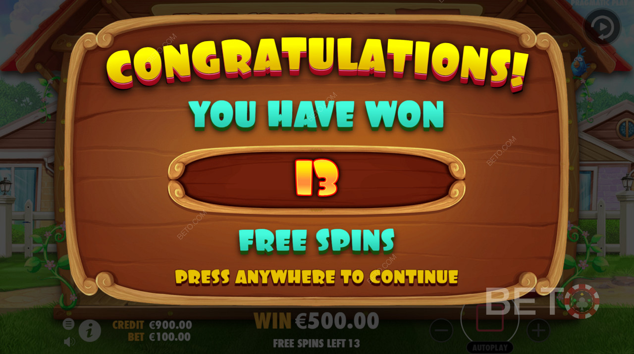 Congratulations! You have won 13 Free Spins in The Dog House slots