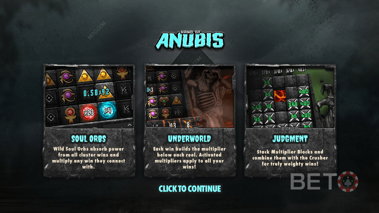 Enjoy 3 outstanding features in the Hand of Anubis online slot