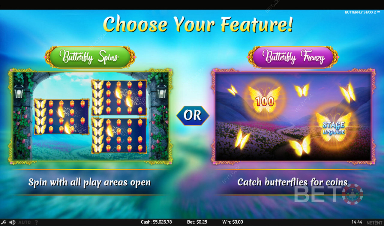 Select between two amazing feature games - spin or catch butterflies mode