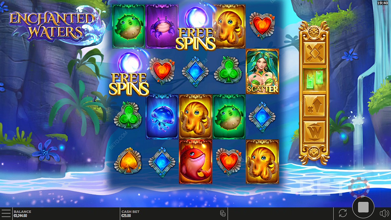 A Mermaid symbol can act as a Scatter to trigger the Free Spins