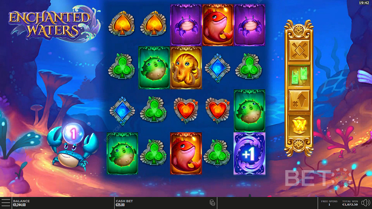 Modifiers remain active for the duration of the Free Spins in Enchanted Waters online slot