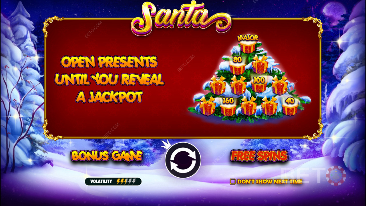The Bonus Game has cash prizes and Jackpots in the Santa online slot