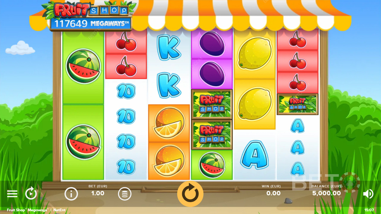 Drehen Sie an den Rädern des Fruit Shop Megaways-Spielautomaten und gewinnen Sie viel