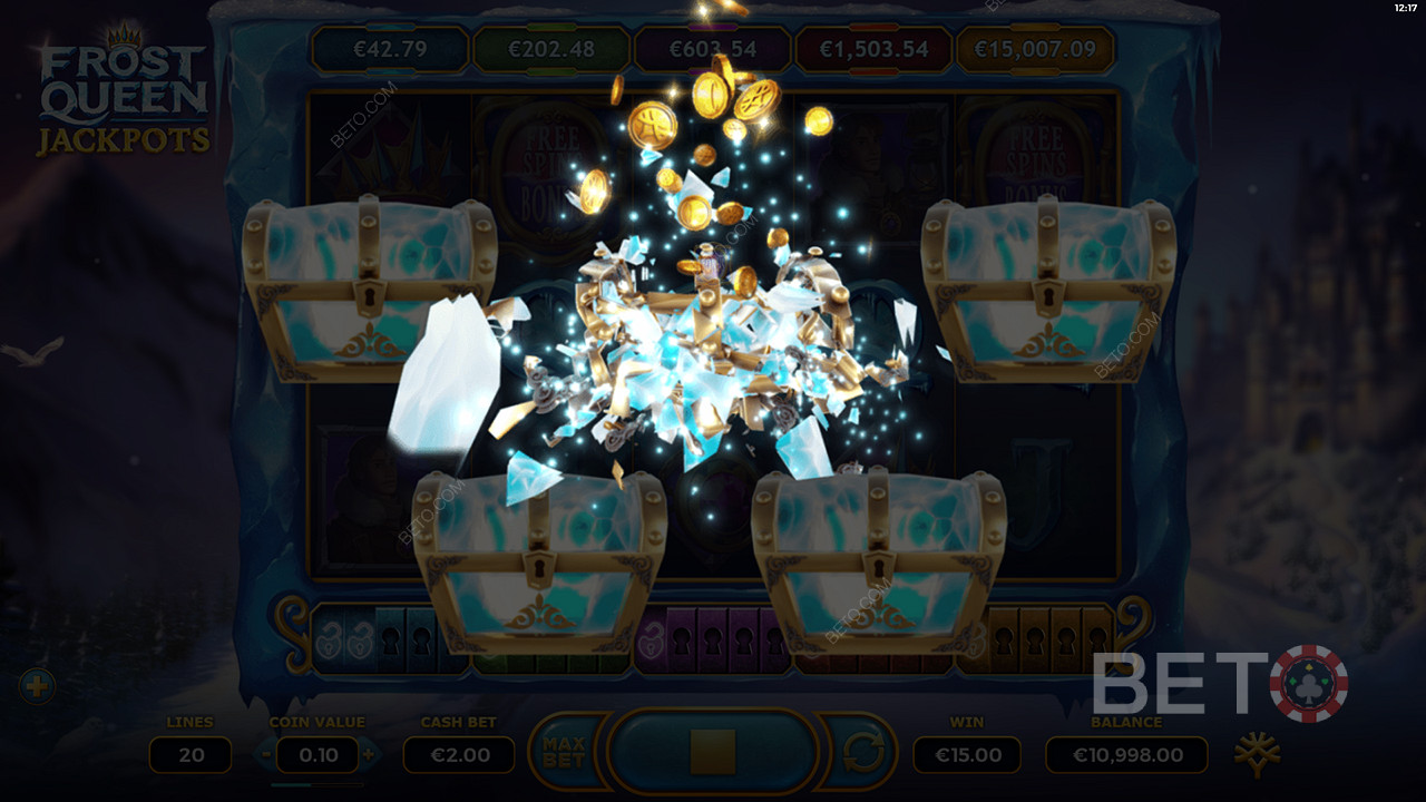 Breaking the treasure chest to get rewards in Frost Queen Jackpots