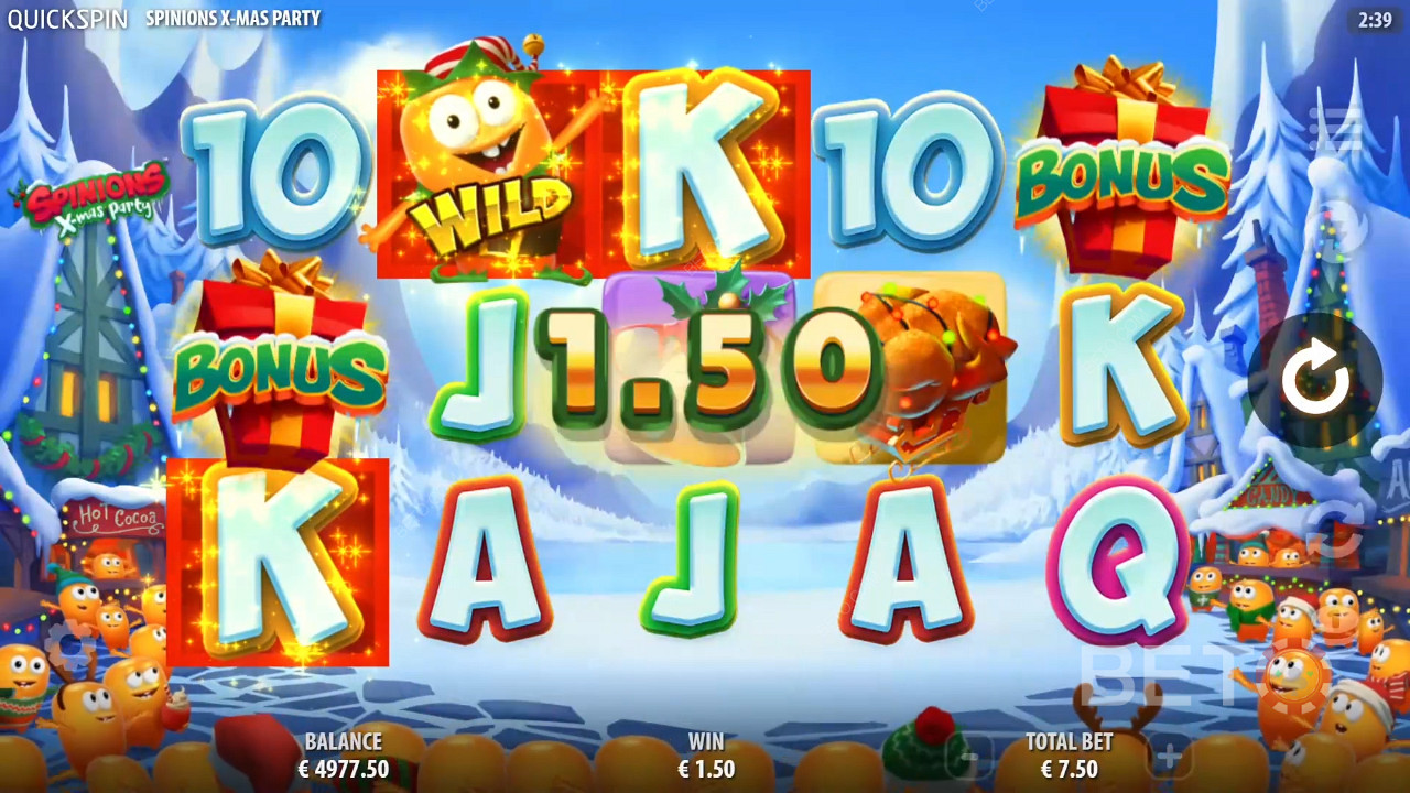 Land 3 Scatters or 2 or more Wilds to start the fun in the Spinions Christmas Party slot