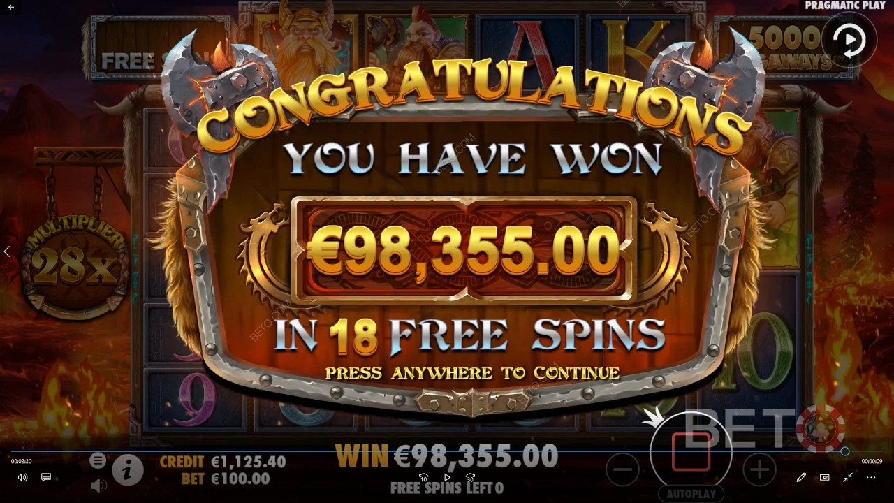 Big payout through free spins in Power of Thor Megaways