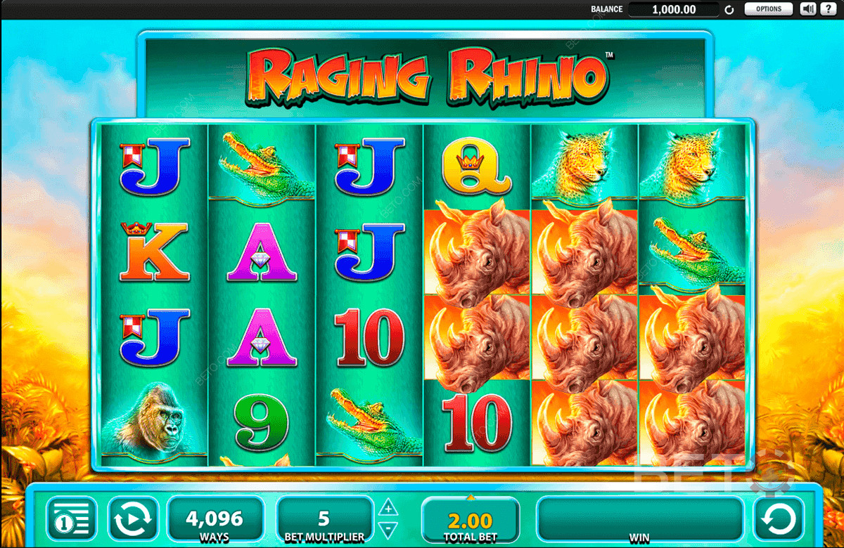 The six-reel and four-row structure of Raging Rhino