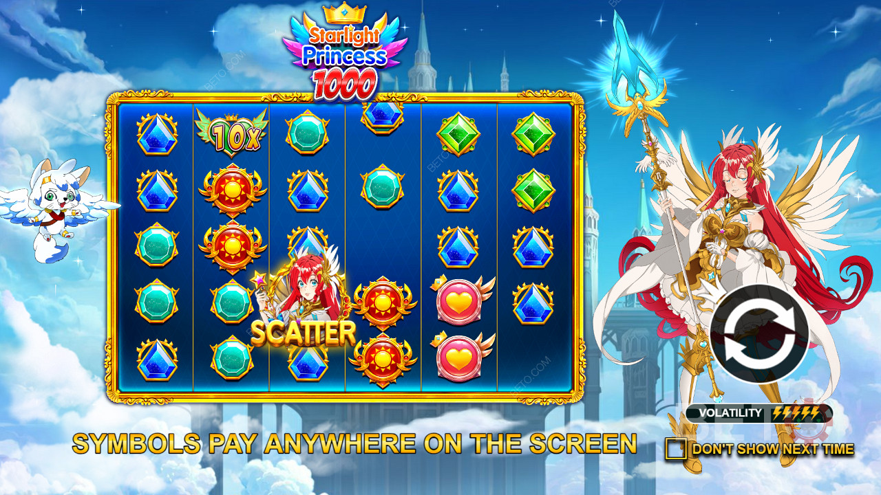 Land 8 or more matching symbols anywhere to win in the Starlight Princess 1000 slot