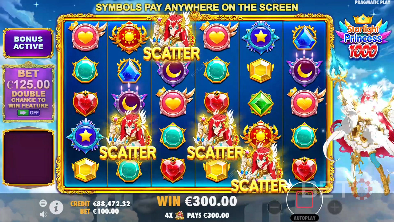 4 or more Scatters will award the Free Spins round
