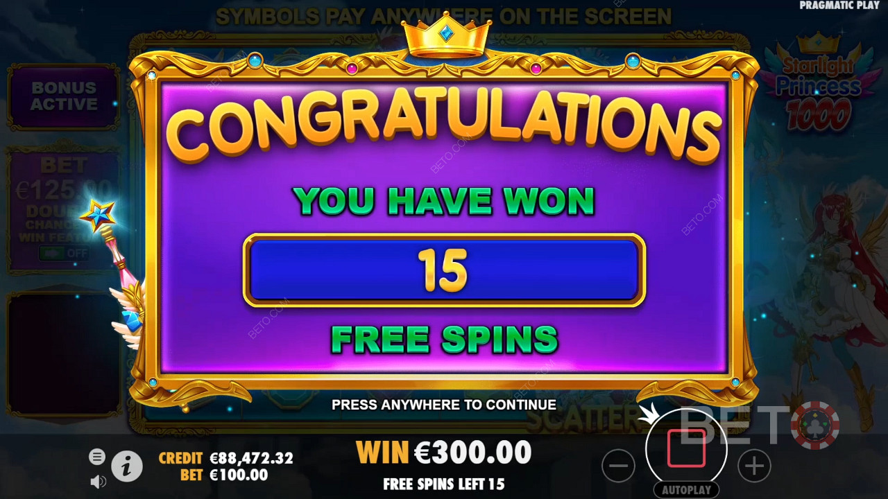 Enjoy 15 Free Spins that can be extended in the Starlight Princess 1000 slot machine
