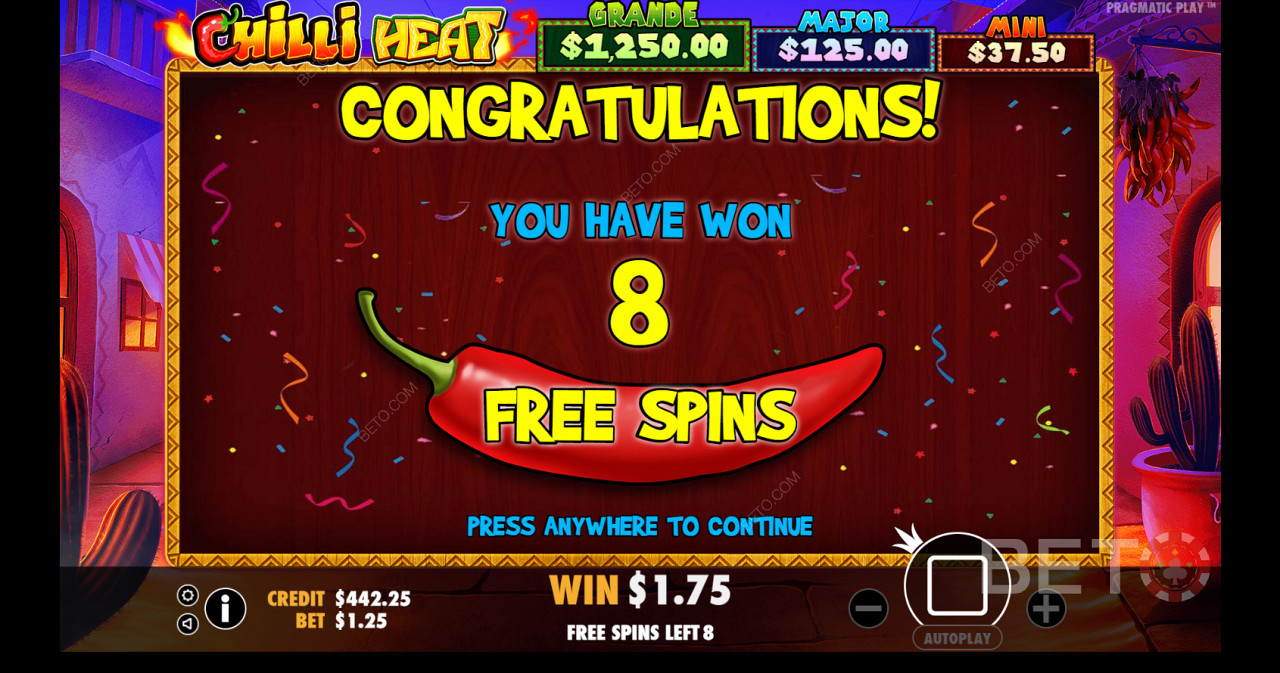 You are given 8 free spins in the start of the Free Spins mode