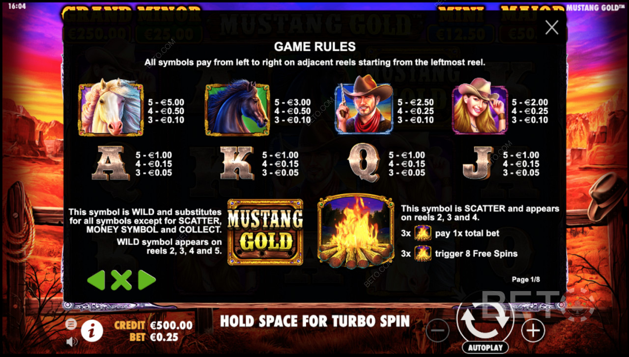 Spilleregler for Mustang Gold online spillemaskinen