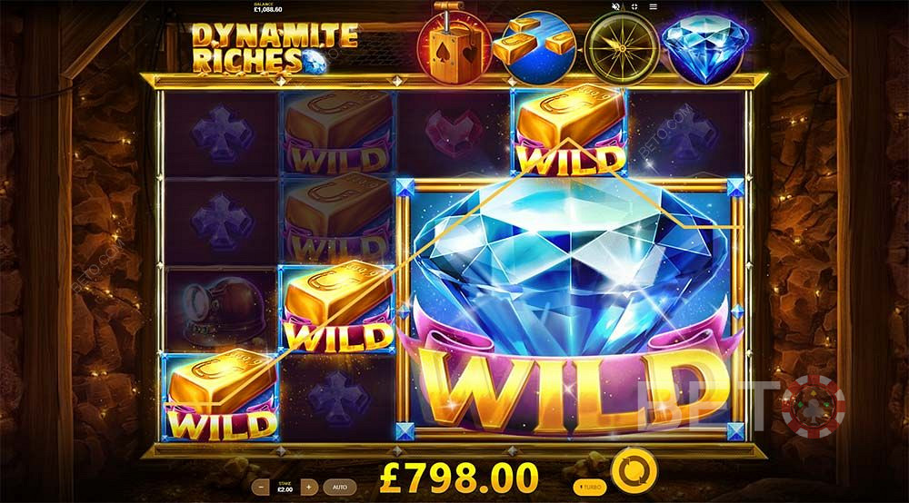 The Gold bar wilds and Expanding wilds can replace regular symbols to give you huge wins in Dynamite Riches