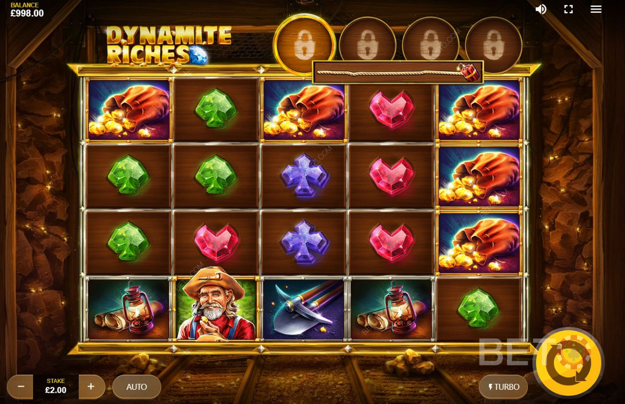 Dynamite Riches has precious jewel symbols, gold coins symbols, and miner symbol in the slot.
