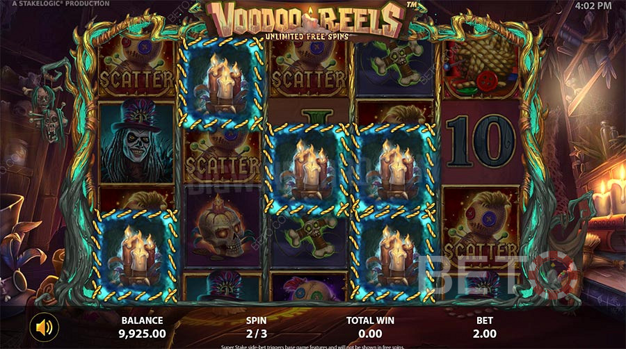 Get 3 or more candle symbols on the Voodoo Reels to win huge amounts