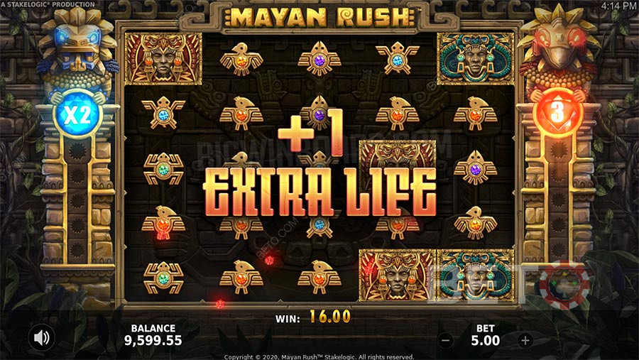 Mayan Rush bonus features include Free Spins, a multiplier and a gamble feature