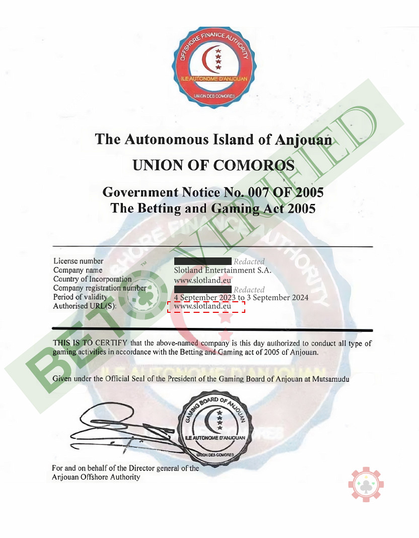 Slotland is licensed by the Union of Comoros as verified by BETO
