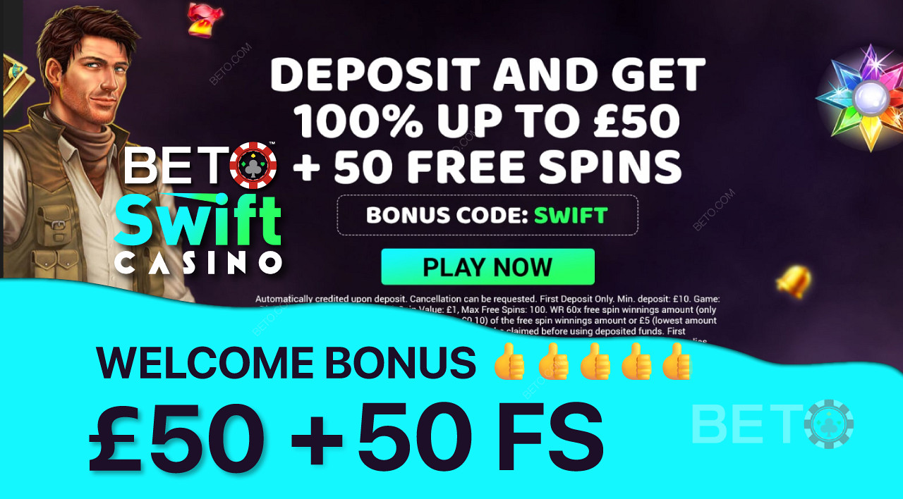 Get a 100% bonus of up to £50 and 50 Free Spins as the Welcome Bonus