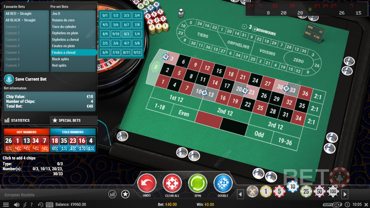 Opciones especiales de apuestas en el juego de casino European Roulette Pro