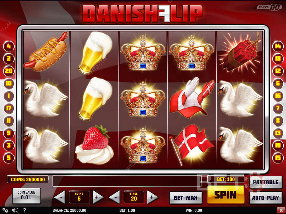 Du får 5 hjul med 20 linjer i Danish Flip Spilleautomaten