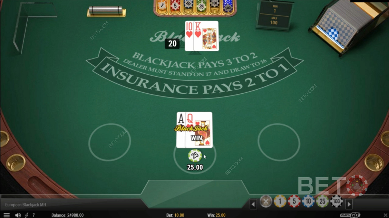 Get 3:2 Payout When you are Dealt a Blackjack in European Blackjack MH