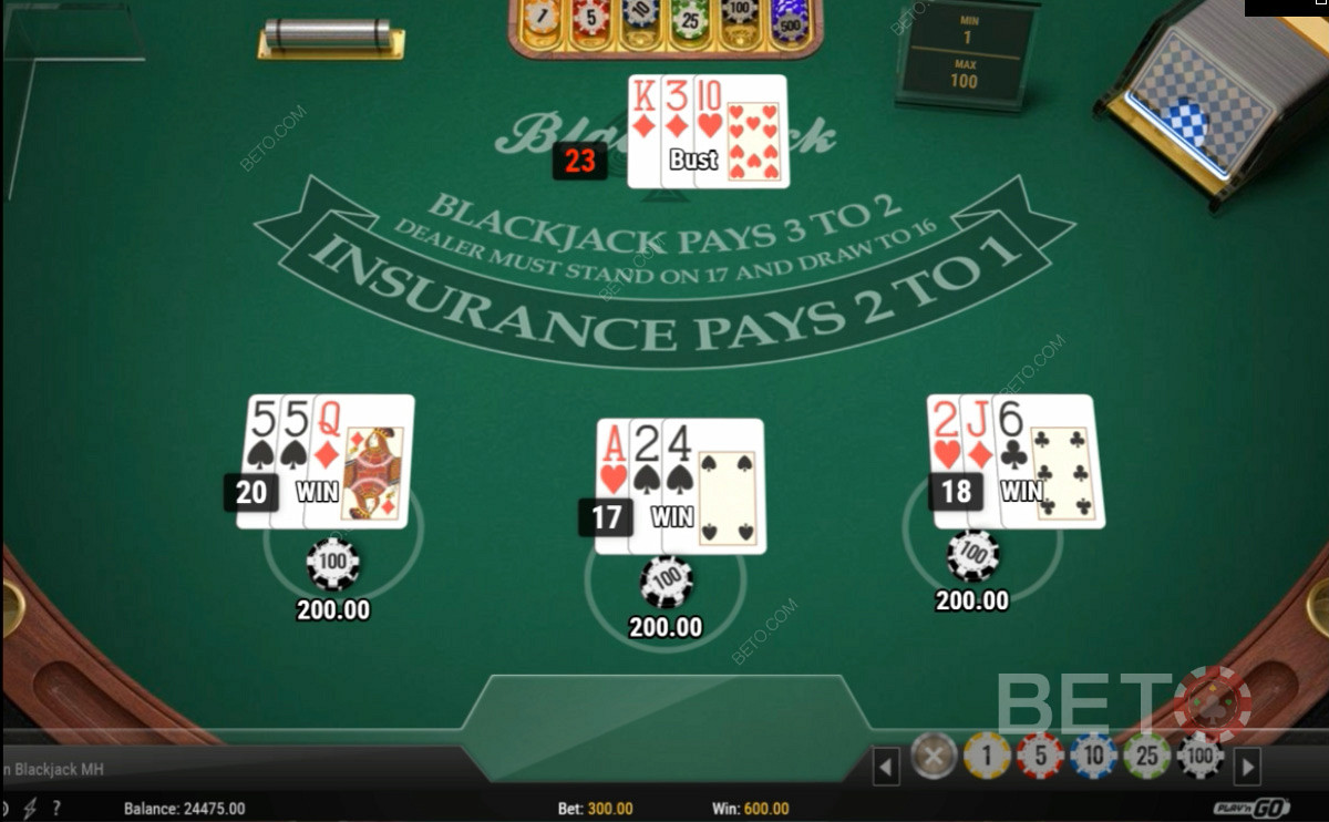 Playing Three Hands in European Blackjack Multi-Hand Card Game