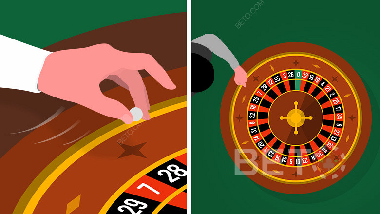 Dealeren drejer roulettehjulet og sætter roulettekuglen i bevægelse