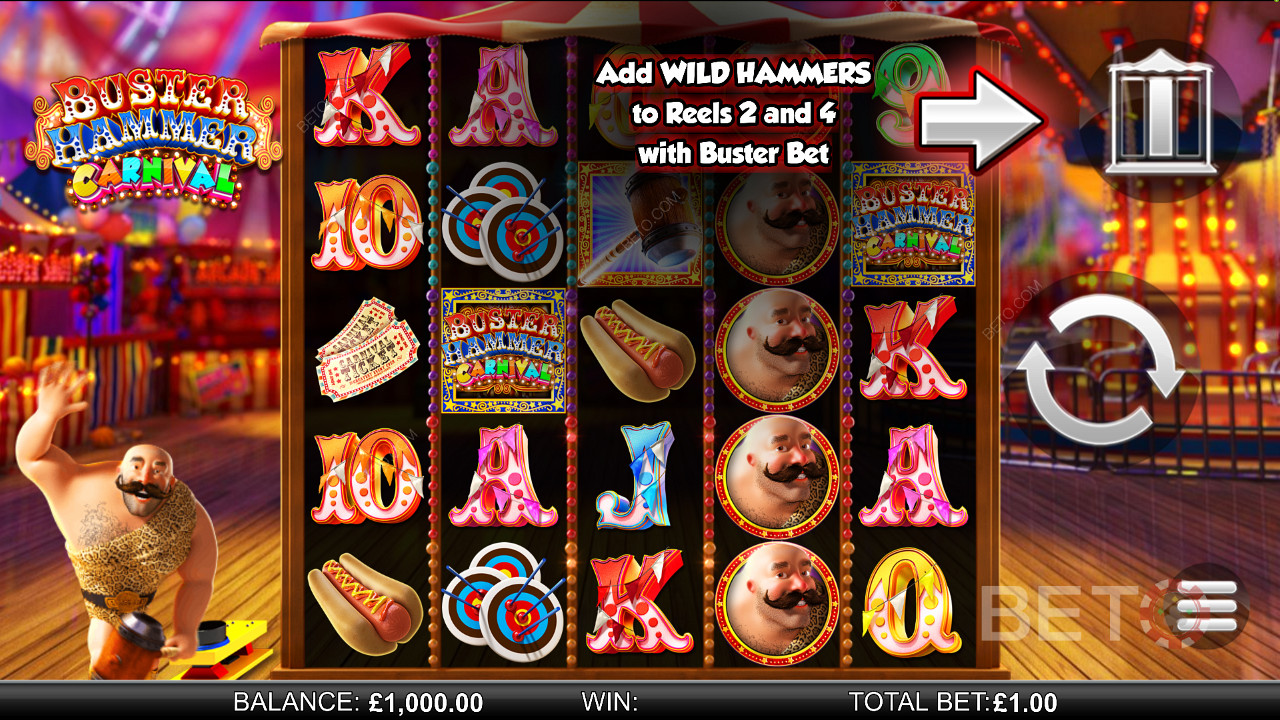 Buster Hammer Carnival - experience the Mighty Free Spins and the Gold Wild Hammer feature - a slot from Reel Play