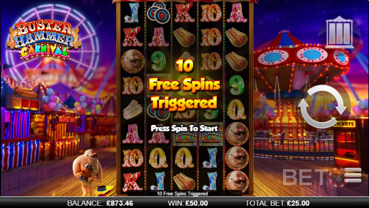 Enjoy 10 free spins in Buster Hammer Carnival slot machine