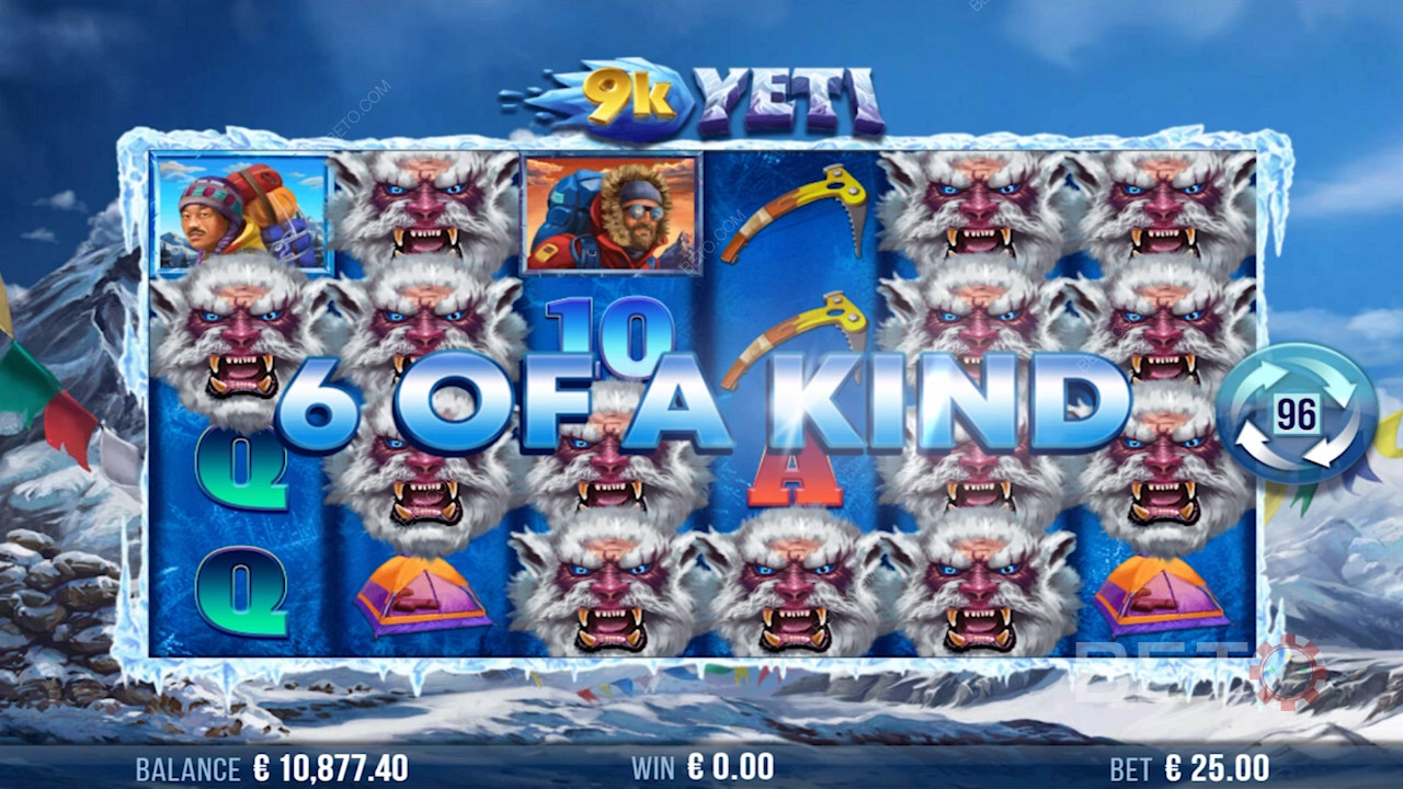 Land en kombination af seks ens symboler og vind stort på 9k Yeti online spillemaskinen